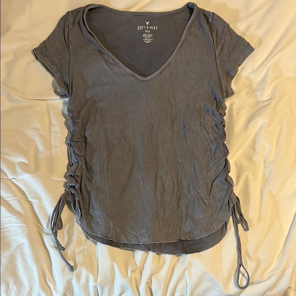 American Eagle Outfitters Gray Ruched Short Sleeve Tee